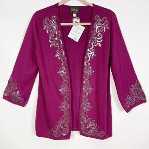 Bob Mackie Womens Cardigan XS Purple Sequin Detail 3/4 Sleeve Open Front NWT
